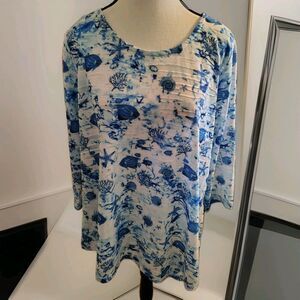 Petsche Blouse Size S Blue Fish Sea Design Short Sleeve